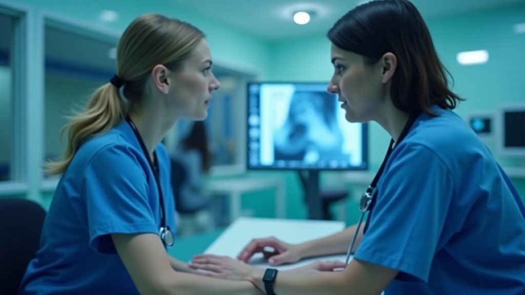 Emergency department nurse at computer terminal reviewing patient triage information with AI system interface displaying vital signs and risk assessment data