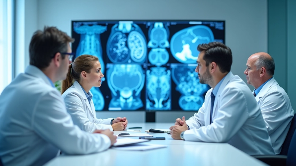 Team meeting in hospital conference room with pathology staff reviewing digital slides on large display screen with AI-generated analysis metrics