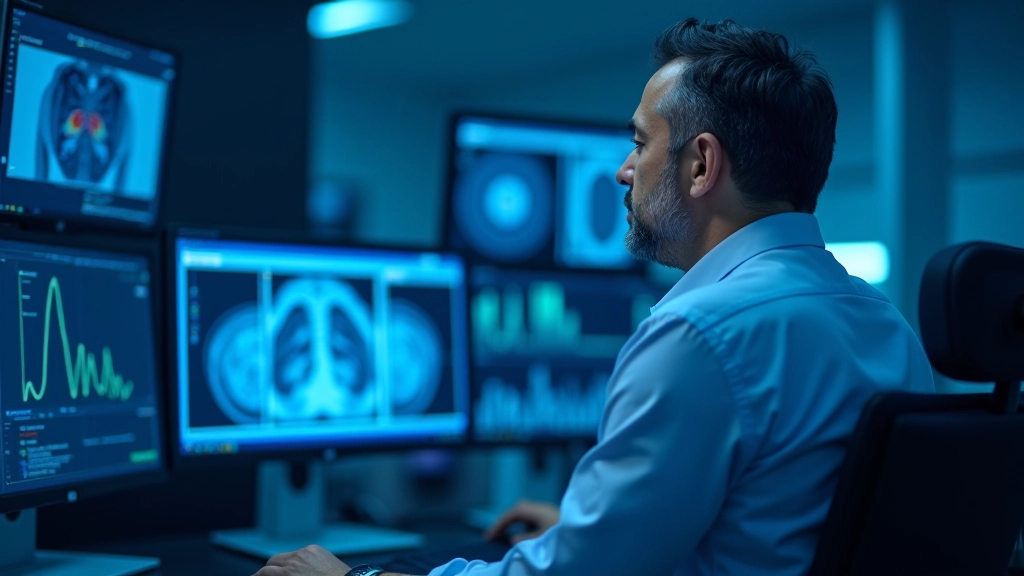 Hospital IT administrator reviewing data security protocols and system logs on secure server monitoring dashboard in hospital network operations center