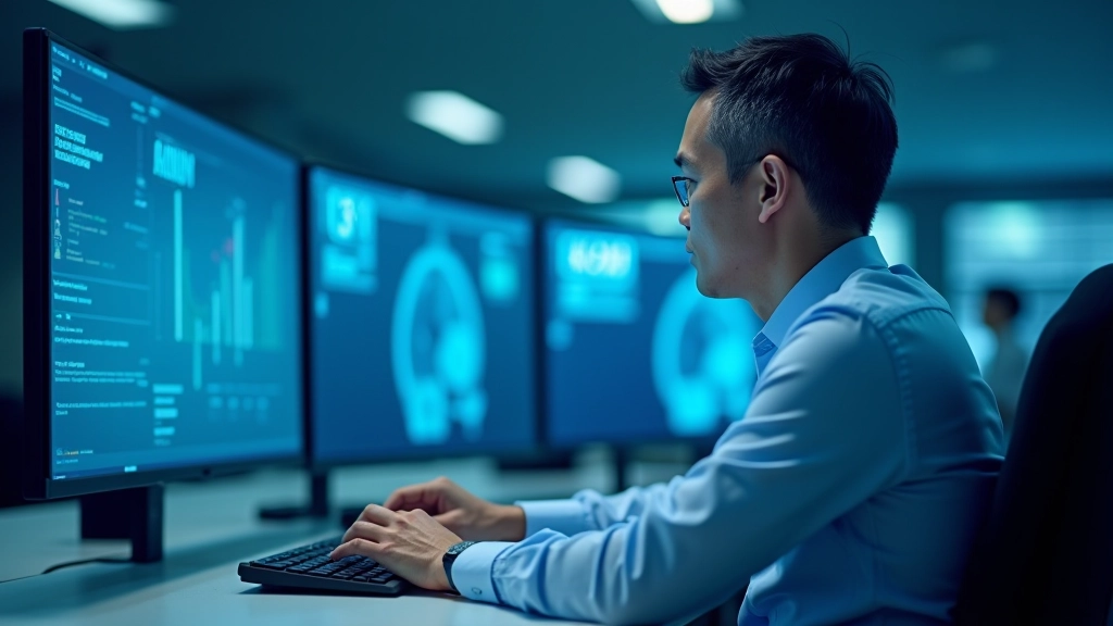 Healthcare IT professional monitoring hospital diagnostic systems and AI integration dashboards in control room environment