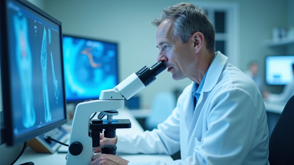 Laboratory technician reviewing diagnostic results and validation data on computer workstation in clinical laboratory setting