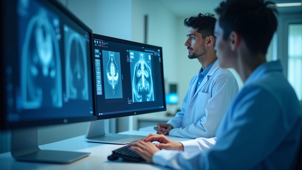 Healthcare team reviewing AI-powered diagnostic imaging results on clinical workstation