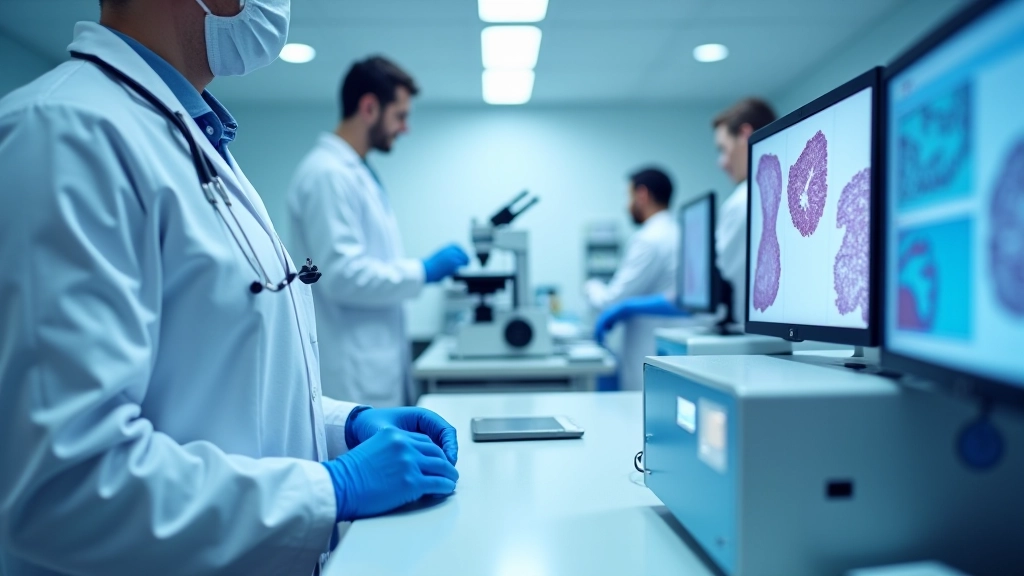 Modern pathology lab workspace with digital scanning equipment, monitors showing histopathology images, and laboratory instruments on clean surfaces