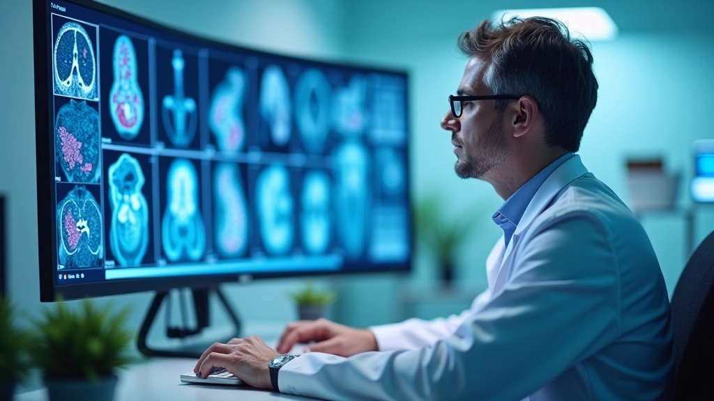 Computer monitor displaying histopathology analysis with AI-highlighted regions marked in color, pathologist reviewing results with digital annotation tools