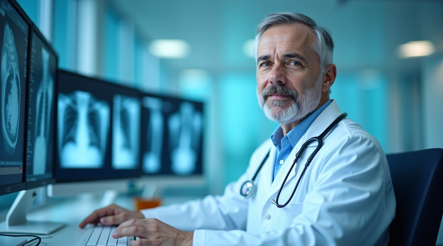 Radiologist reviewing medical imaging scans on multiple monitors with AI-assisted diagnostic overlays in modern hospital reading room