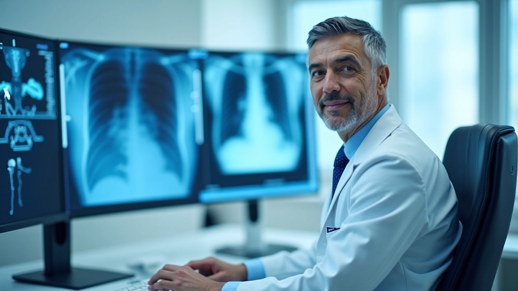 Radiologist at desk with multiple monitors showing medical imaging analysis with AI overlay and diagnostic tools