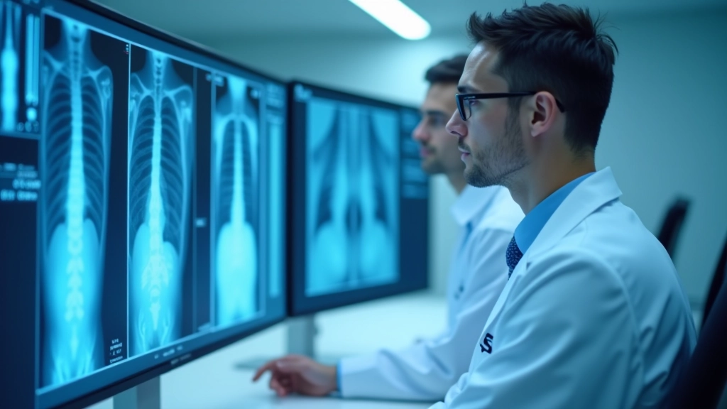 Healthcare professionals reviewing medical imaging data on monitors in a modern diagnostic center